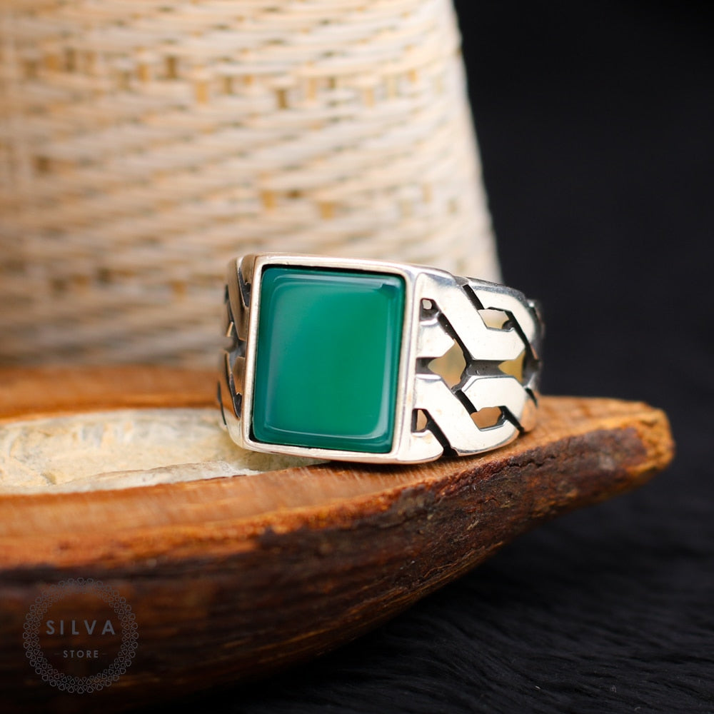 Braided Aqeeq Sterling Silver Ring for Men