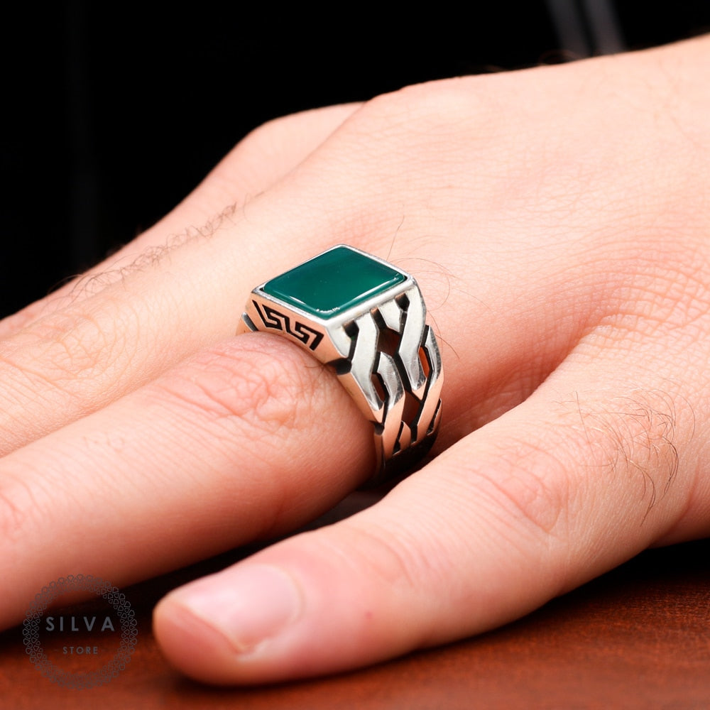 Braided Aqeeq Sterling Silver Ring for Men