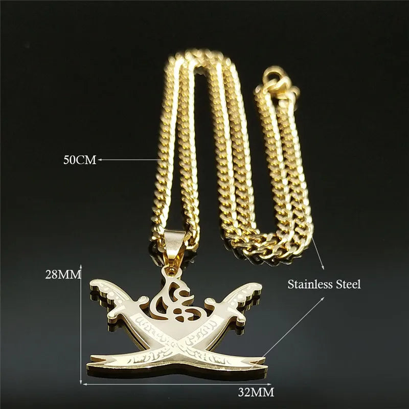 Gold Stainless Steel Imam Ali Sword Necklace – Islamic Pendant for Men & Women
