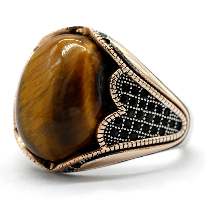 Vintage Tiger's Eye Ring - 925 Sterling Silver Natural Gemstone Ring for Men