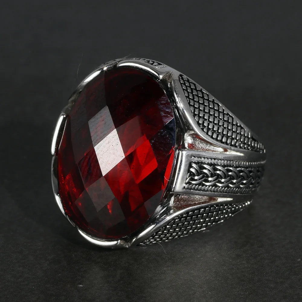 Mens 925 Sterling Silver Red Zircon Ring – Faceted Turkish Vintage Jewelry