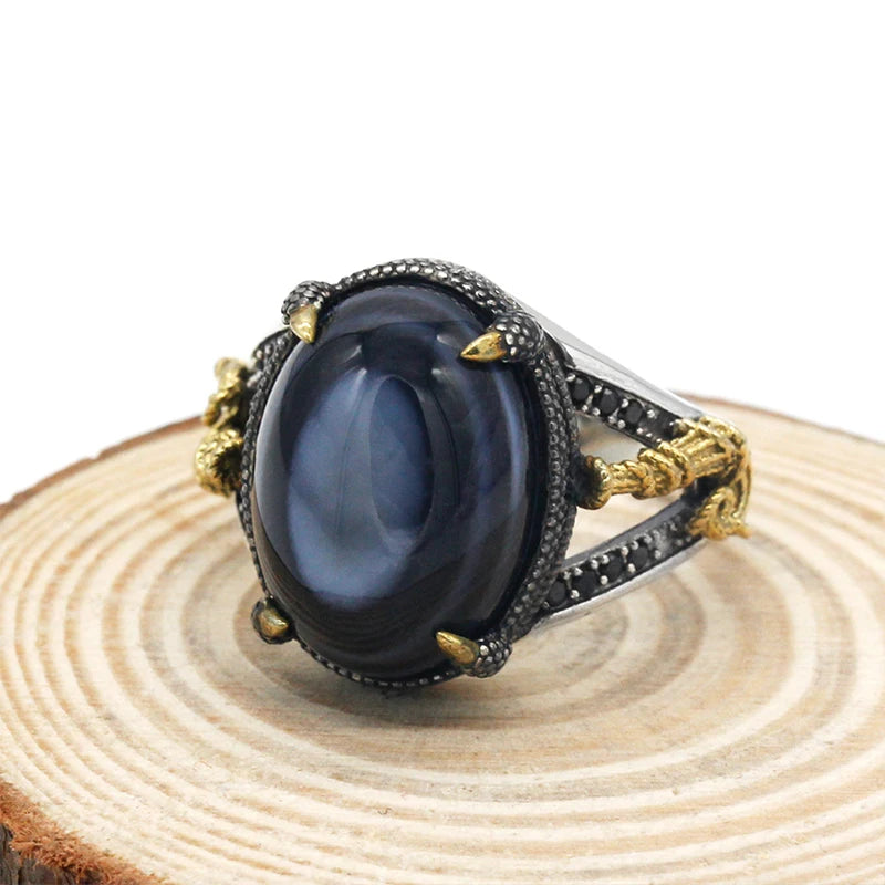 Handcrafted Turkish Evil Eye Agate Ring – 925 Sterling Silver with Black CZ & Zebra Line Design