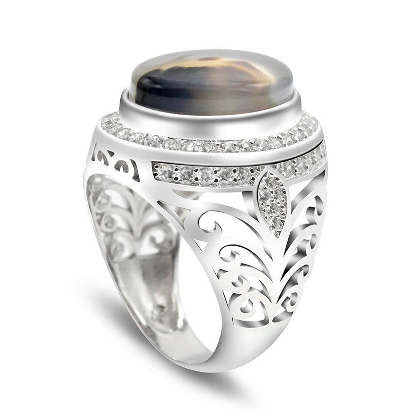 Oval Agate Sunnah Ring – 925 Sterling Silver Vintage Men’s Jewelry with Zircon Accents