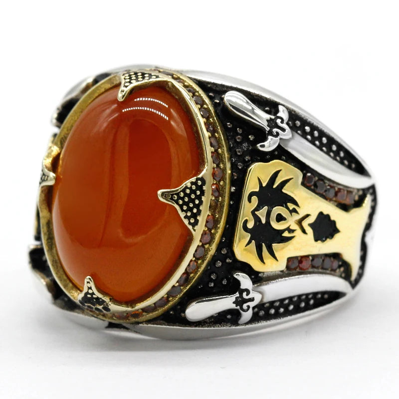 Sacred Warrior Ring – 925 Silver Aqeeq Stone with Double Swords & Skull, Inspired by Islamic Legacy