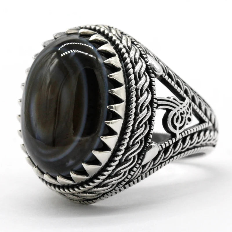 Vintage Men’s Black Agate Ring – 925 Sterling Silver with Oval Natural Stone Turkish-Style