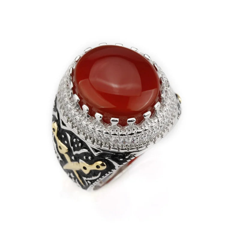 Turkish Red Agate Aqeeq Ring – 925 Sterling Silver with Double Sword Design