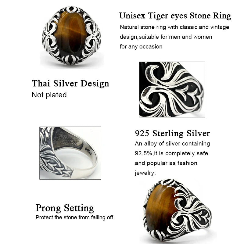 Men’s Tiger Eye Statement Ring – 925 Sterling Silver, Handcrafted Turkish Vintage Design