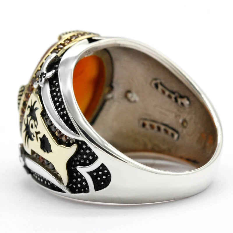 Sacred Warrior Ring – 925 Silver Aqeeq Stone with Double Swords & Skull, Inspired by Islamic Legacy