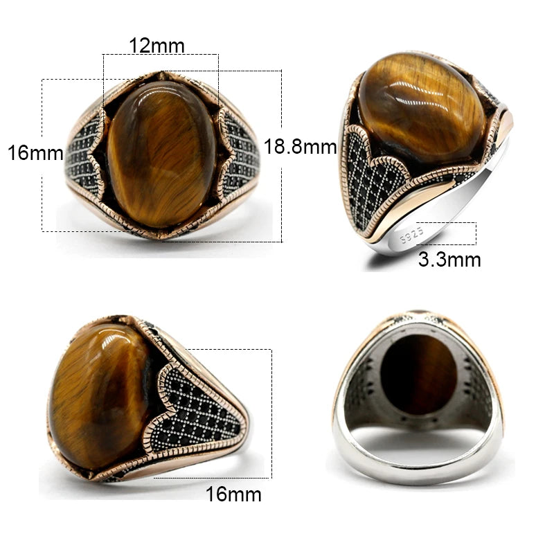 Vintage Tiger's Eye Ring - 925 Sterling Silver Natural Gemstone Ring for Men
