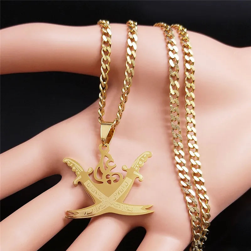 Gold Stainless Steel Imam Ali Sword Necklace – Islamic Pendant for Men & Women