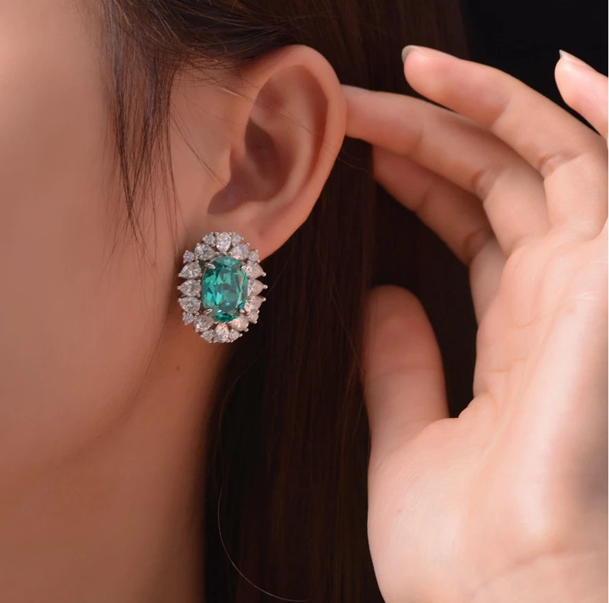 Paraiba Tourmaline Moissanite Stud Earrings – 925 Sterling Silver Crushed Ice Cut Fine Jewelry