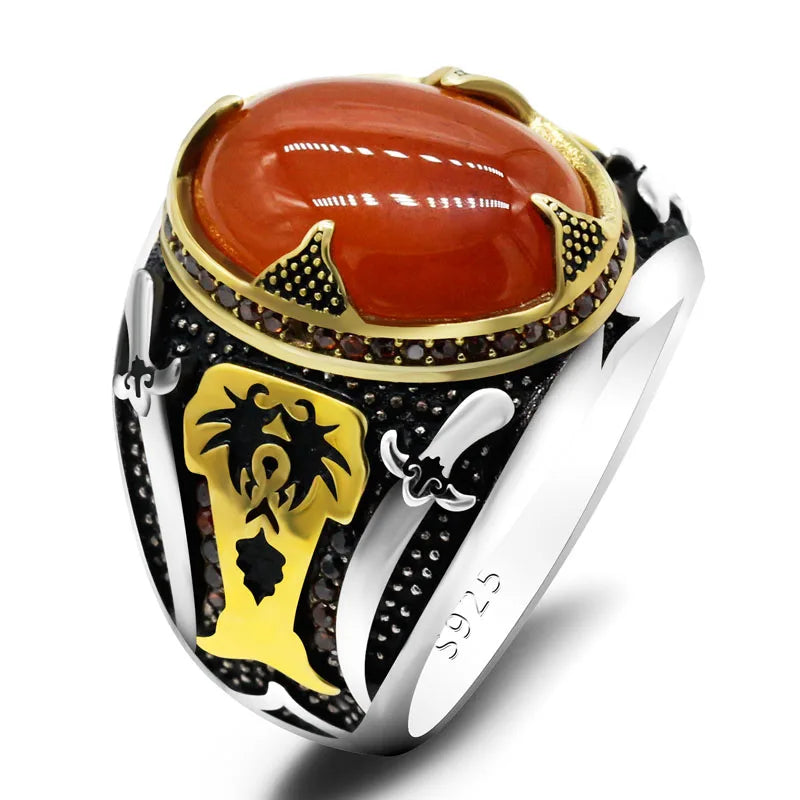 Sacred Warrior Ring – 925 Silver Aqeeq Stone with Double Swords & Skull, Inspired by Islamic Legacy