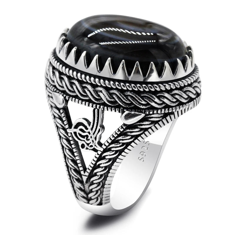 Vintage Men’s Black Agate Ring – 925 Sterling Silver with Oval Natural Stone Turkish-Style