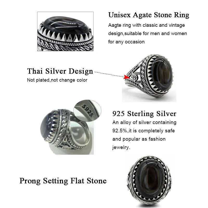 Vintage Men’s Black Agate Ring – 925 Sterling Silver with Oval Natural Stone Turkish-Style