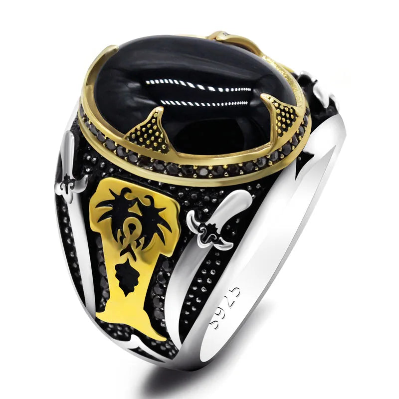 Sacred Warrior Ring – 925 Silver Aqeeq Stone with Double Swords & Skull, Inspired by Islamic Legacy