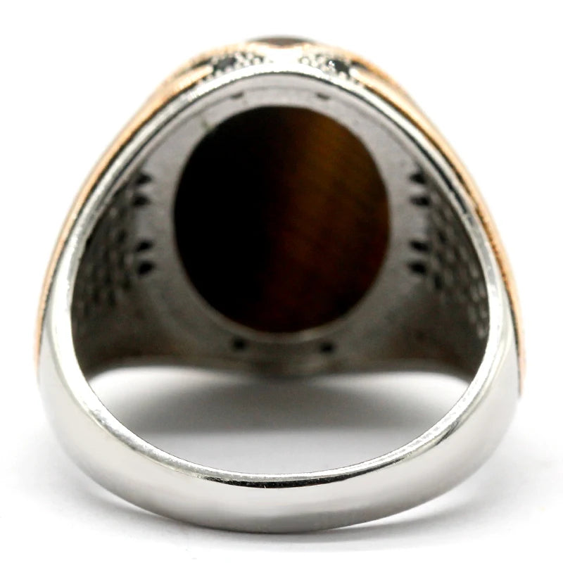 Vintage Tiger's Eye Ring - 925 Sterling Silver Natural Gemstone Ring for Men