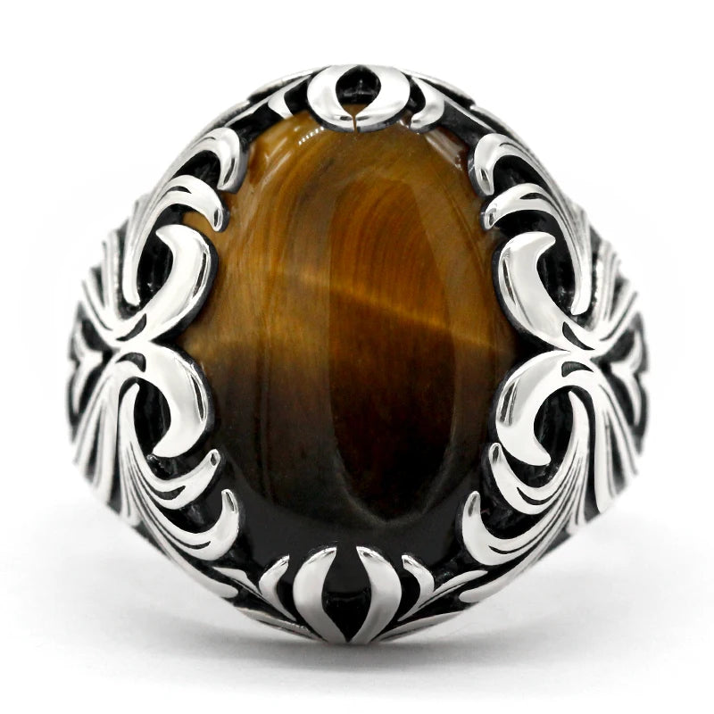 Men’s Tiger Eye Statement Ring – 925 Sterling Silver, Handcrafted Turkish Vintage Design