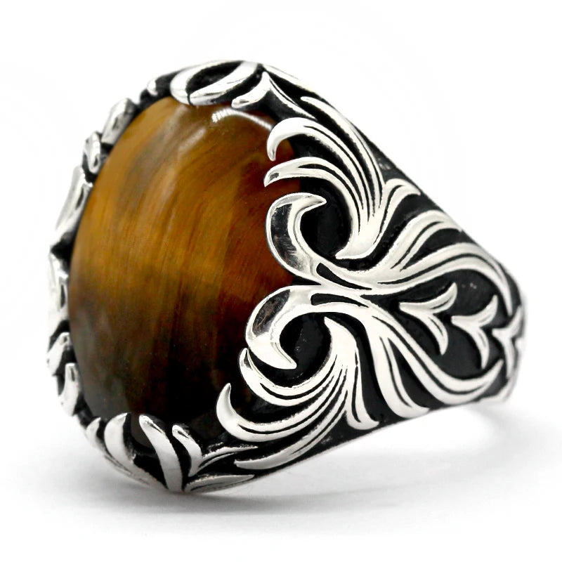 Men’s Tiger Eye Statement Ring – 925 Sterling Silver, Handcrafted Turkish Vintage Design