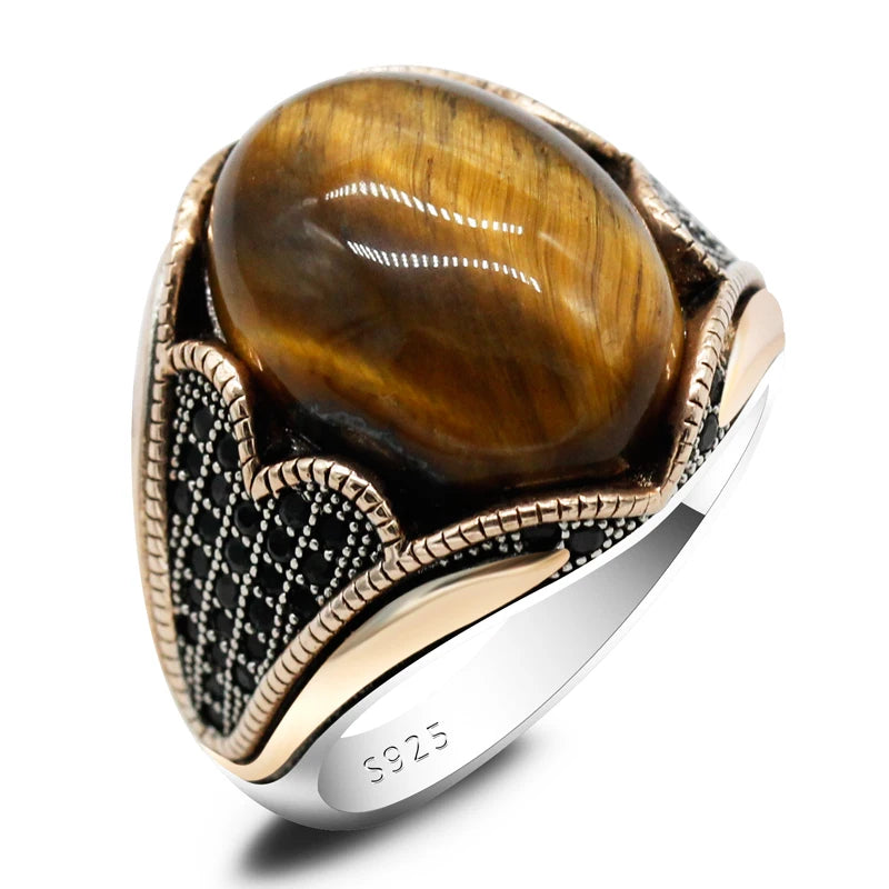 Vintage Tiger's Eye Ring - 925 Sterling Silver Natural Gemstone Ring for Men