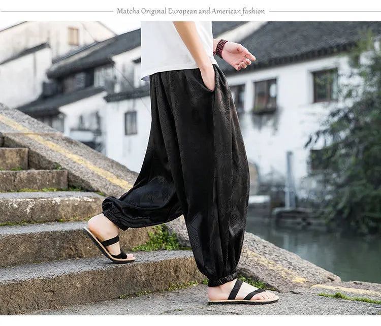 Men’s Ice Silk Wide-Leg Pants - Dragon Design with Drawstring Waist Breathable Modest Trousers