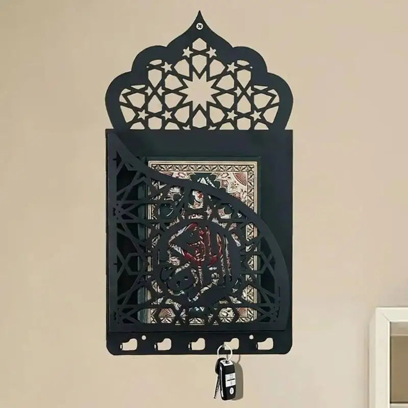 Arabic Wall Mount Quran Stand – Hanging Book Shelf with Key Hooks