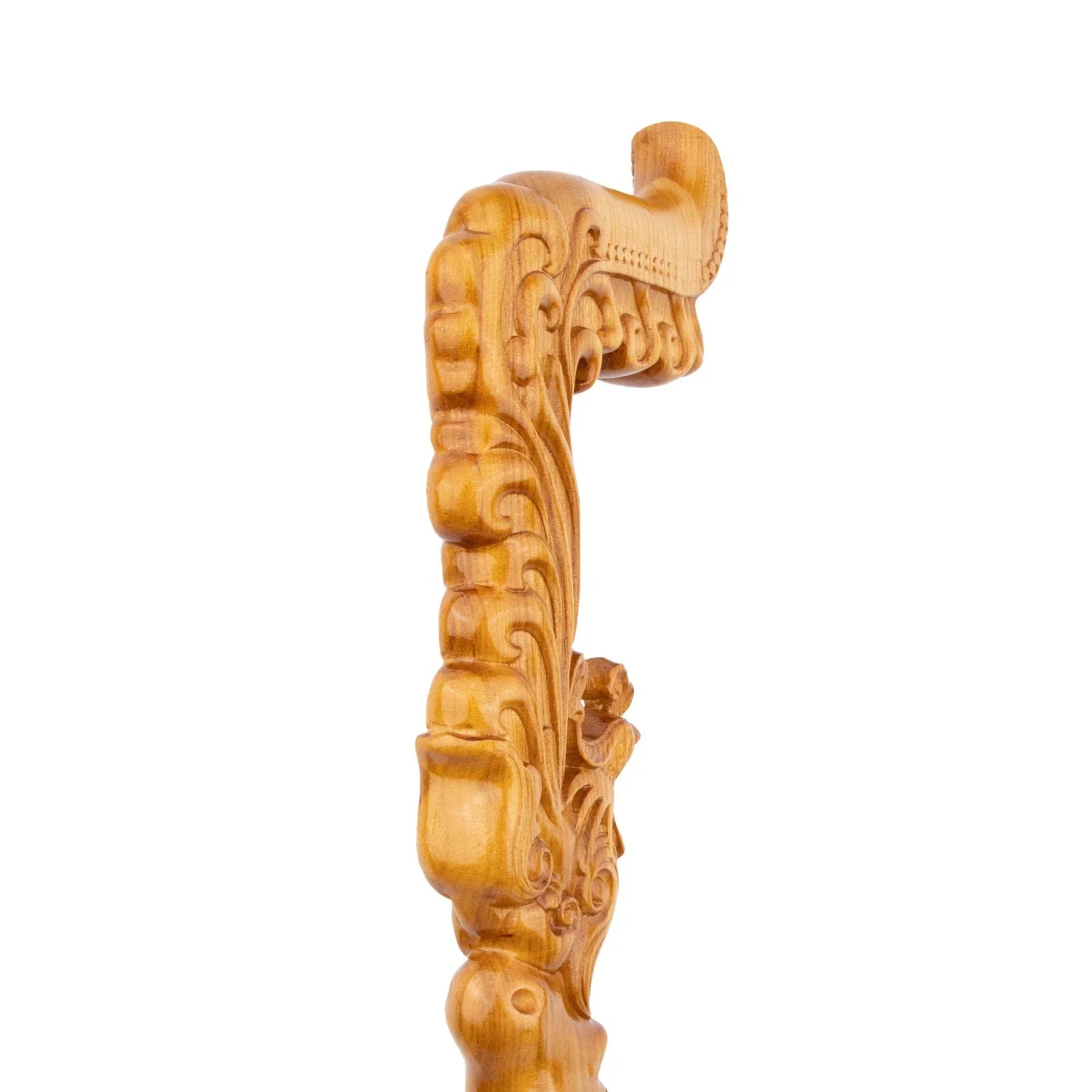 Decorative wooden handle with intricate carvings on a white background, featuring the brand 'Aufengbao'.