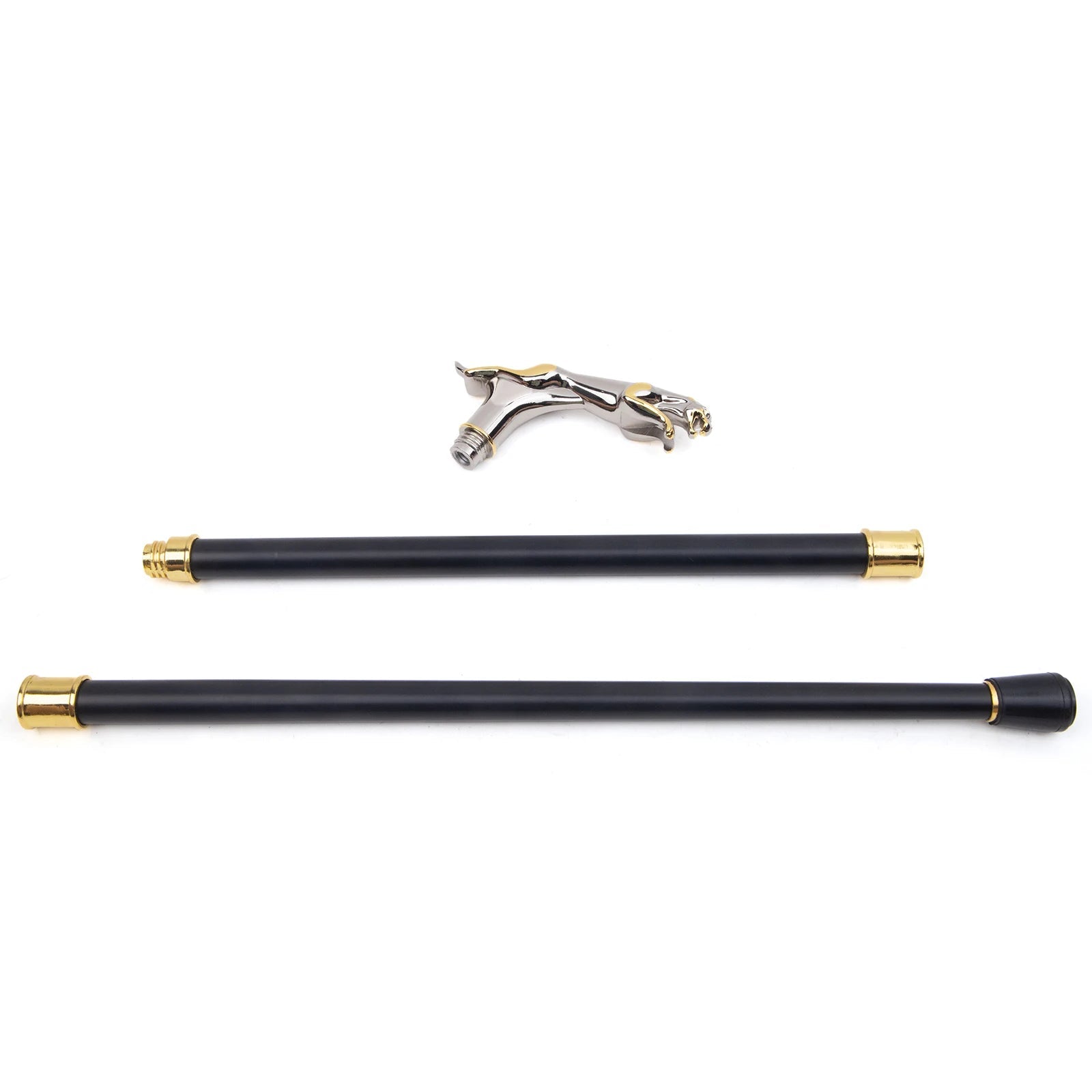 Two black and gold canes with a silver clip on a white background.