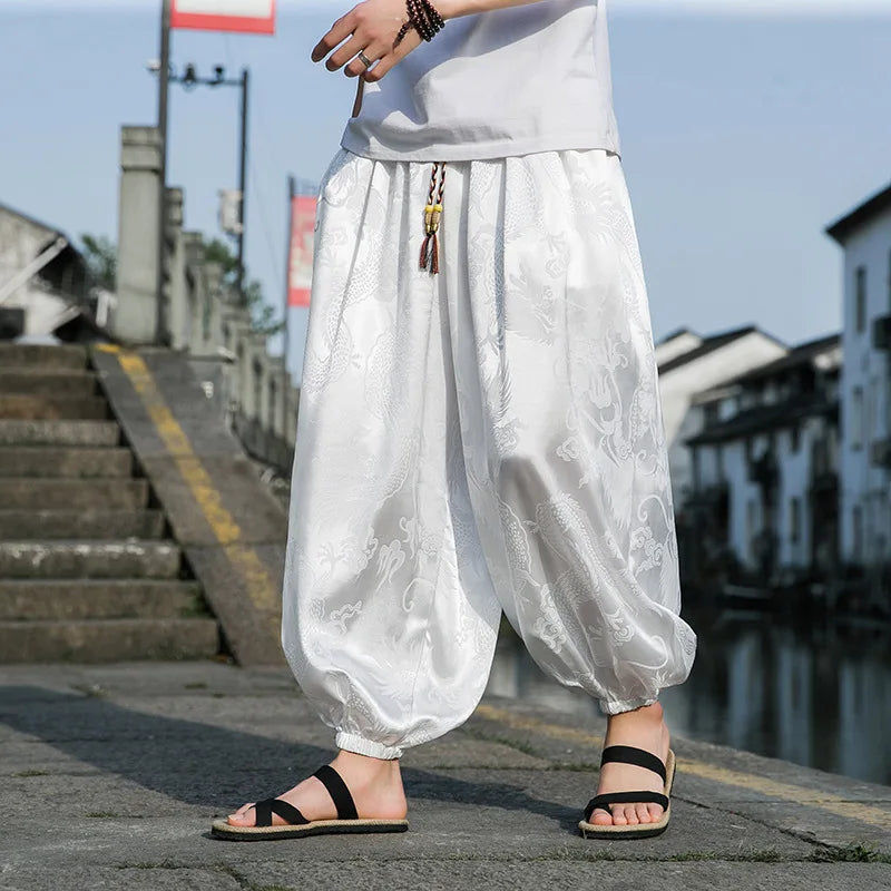 Men’s Ice Silk Wide-Leg Pants - Dragon Design with Drawstring Waist Breathable Modest Trousers