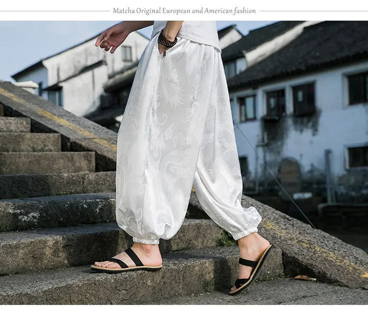Men’s Ice Silk Wide-Leg Pants - Dragon Design with Drawstring Waist Breathable Modest Trousers