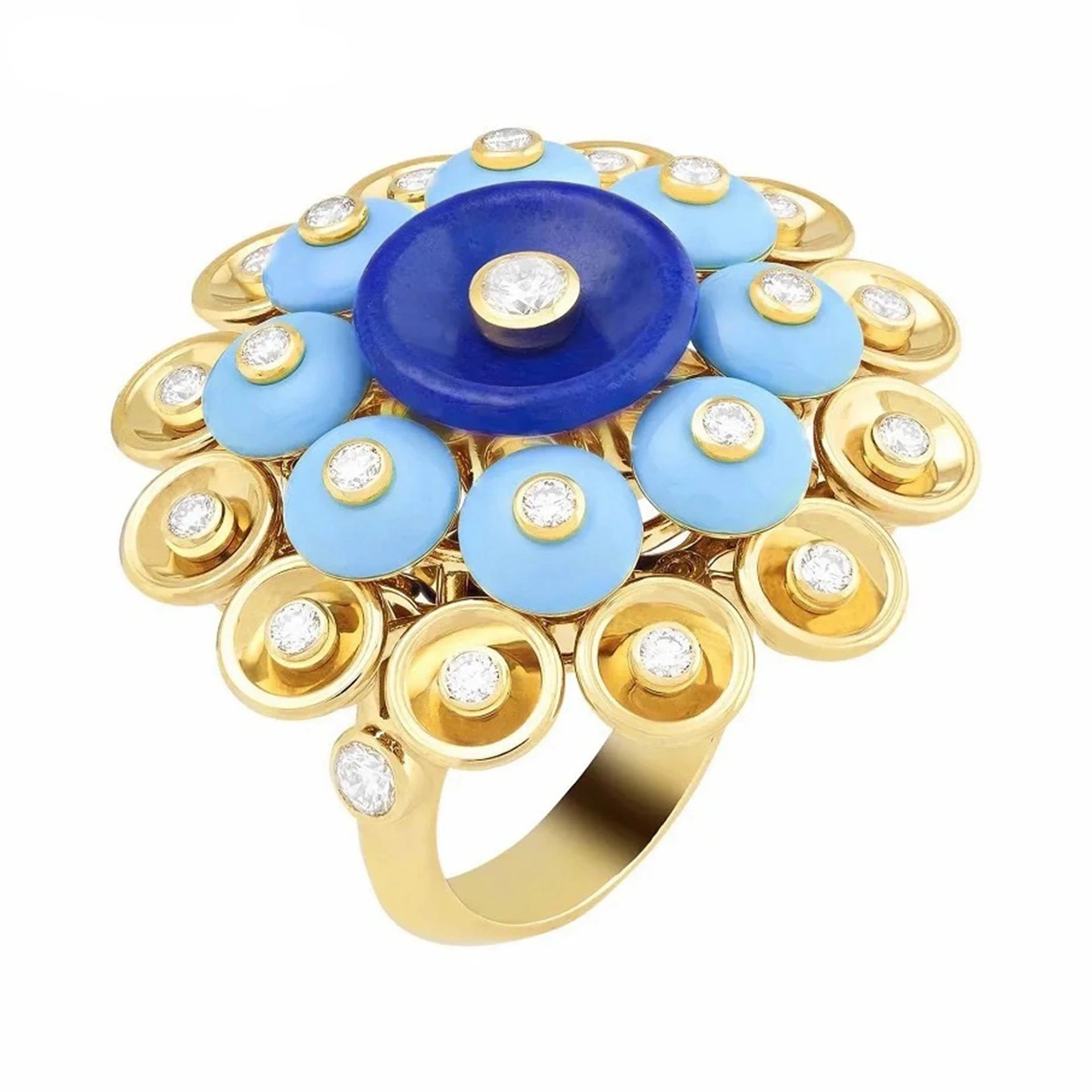 Gold ring with blue and gold accents on a white background.