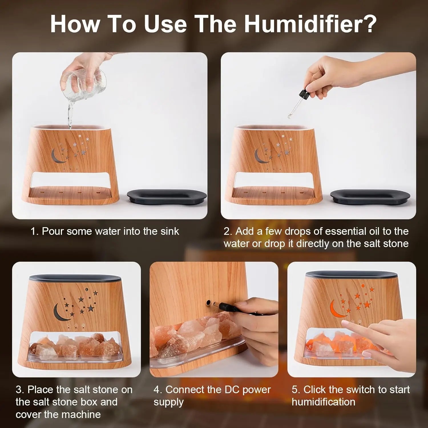 Step-by-step guide on how to use a humidifier with wooden design and salt stone.