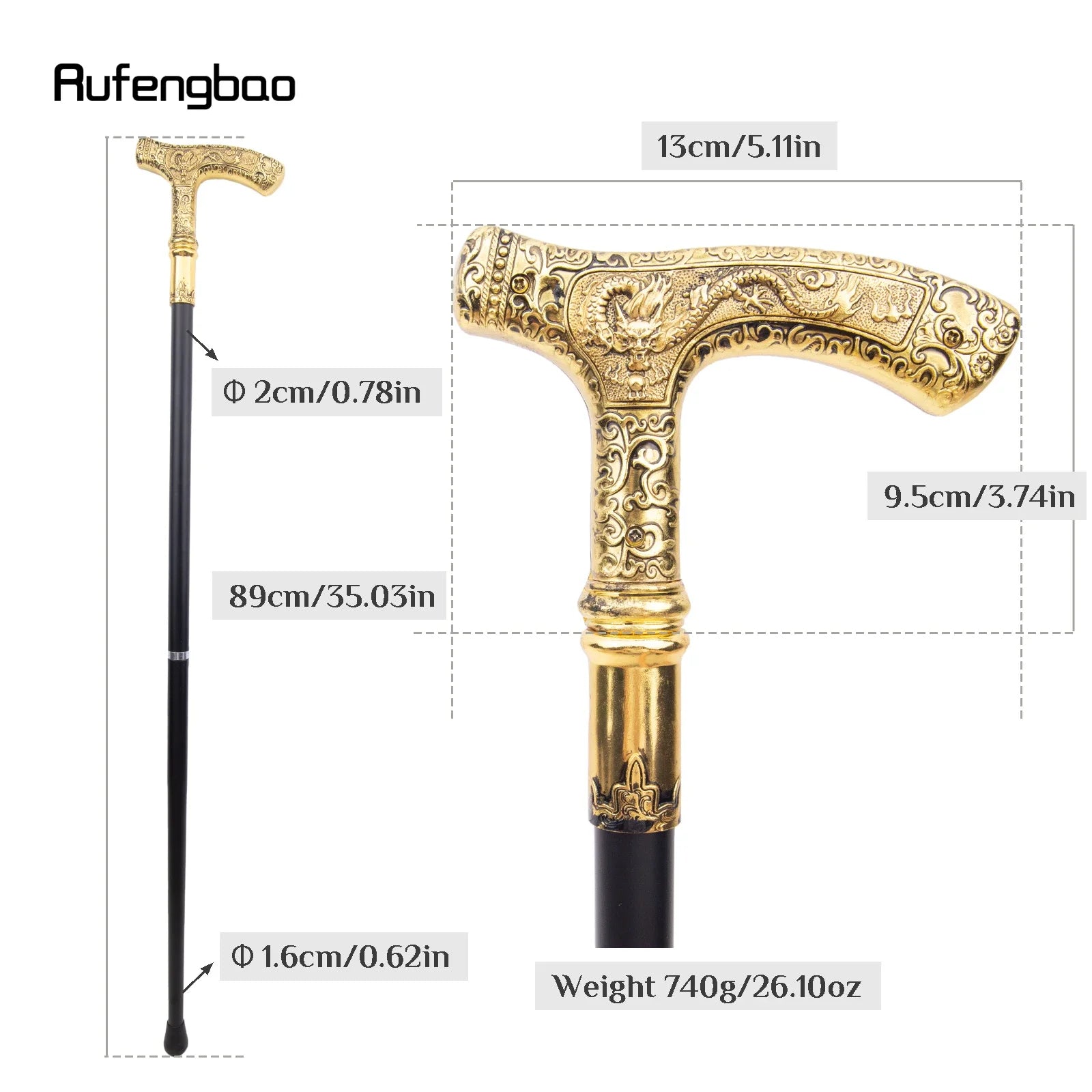 Golden Dragon Decorative Walking Stick – 89cm Steel Shaft with Luxury Patterned Knob
