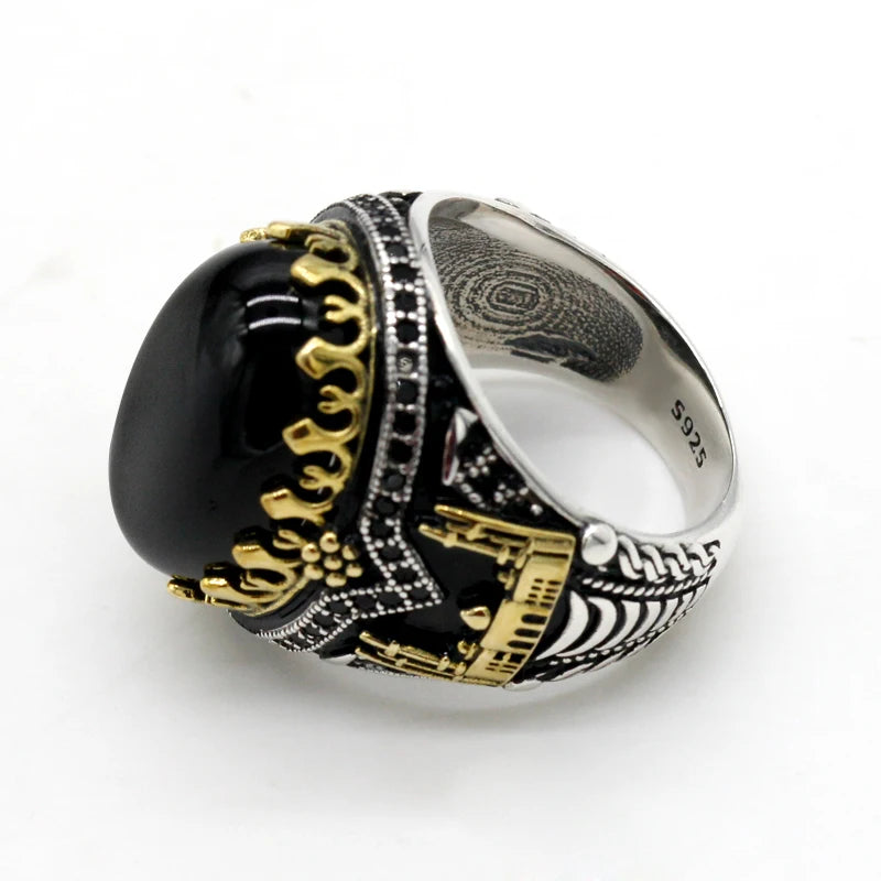 Vintage Black Natural Agate 925 Silver Signet Ring