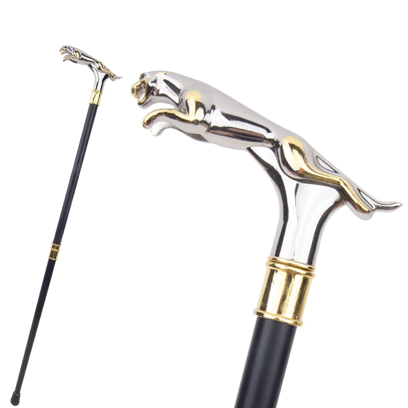 Cane with silver and gold panther design on a white background