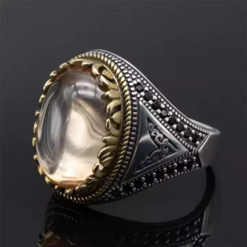 Mens Vintage Turkish Ring – 925 Sterling Silver with Natural Black Agate