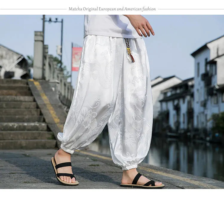 Men’s Ice Silk Wide-Leg Pants - Dragon Design with Drawstring Waist Breathable Modest Trousers