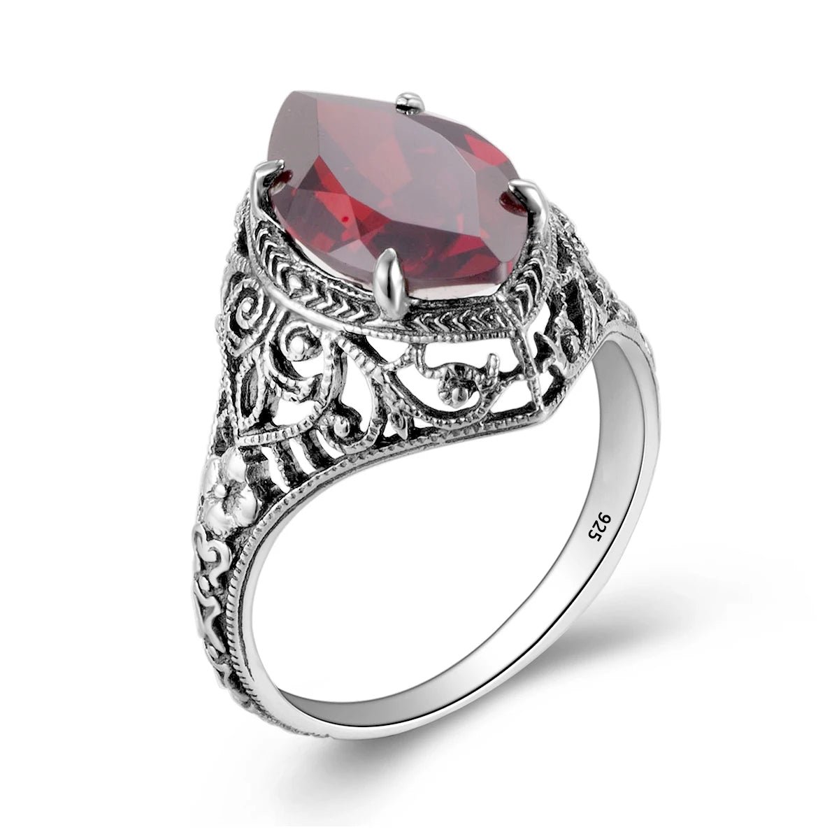 Vintage Garnet Ring – 925 Sterling Silver Water Drop Design Fine Jewelry for Women