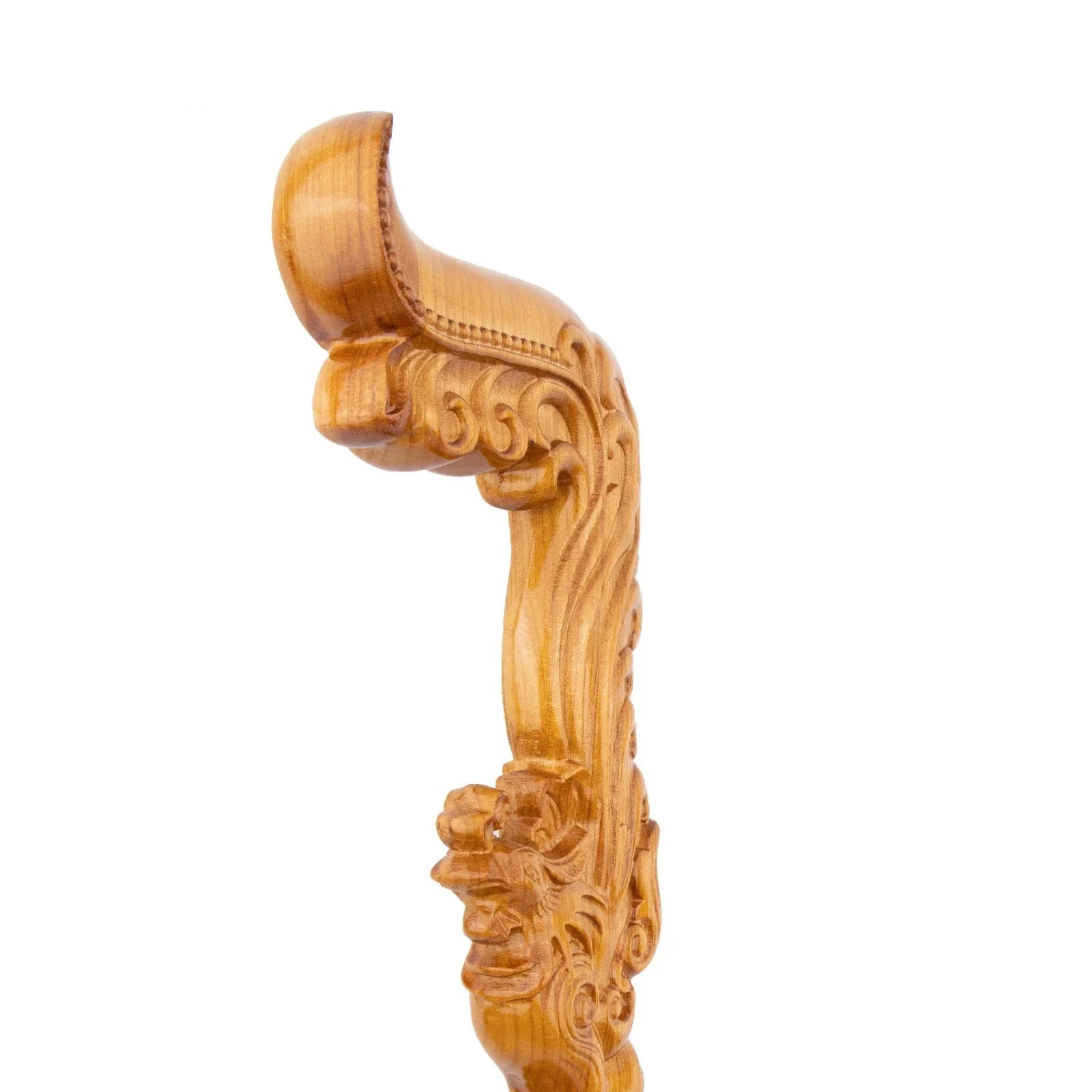 Decorative wooden handle with intricate carvings on a white background, featuring the brand 'Aufengbao'.