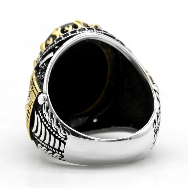 Vintage Black Natural Agate 925 Silver Signet Ring
