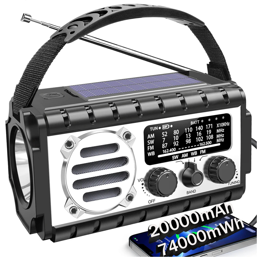 Emergency Weather Radio – 20000mAh Solar Power Bank with AM/FM/NOAA, SOS Alarm & Flashlight