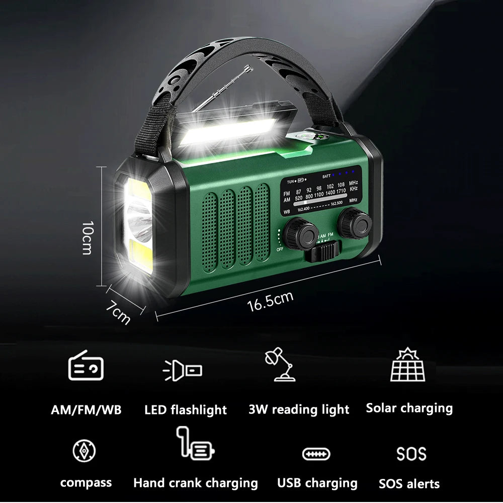 Multifunctional green flashlight with measurements and features on a dark background