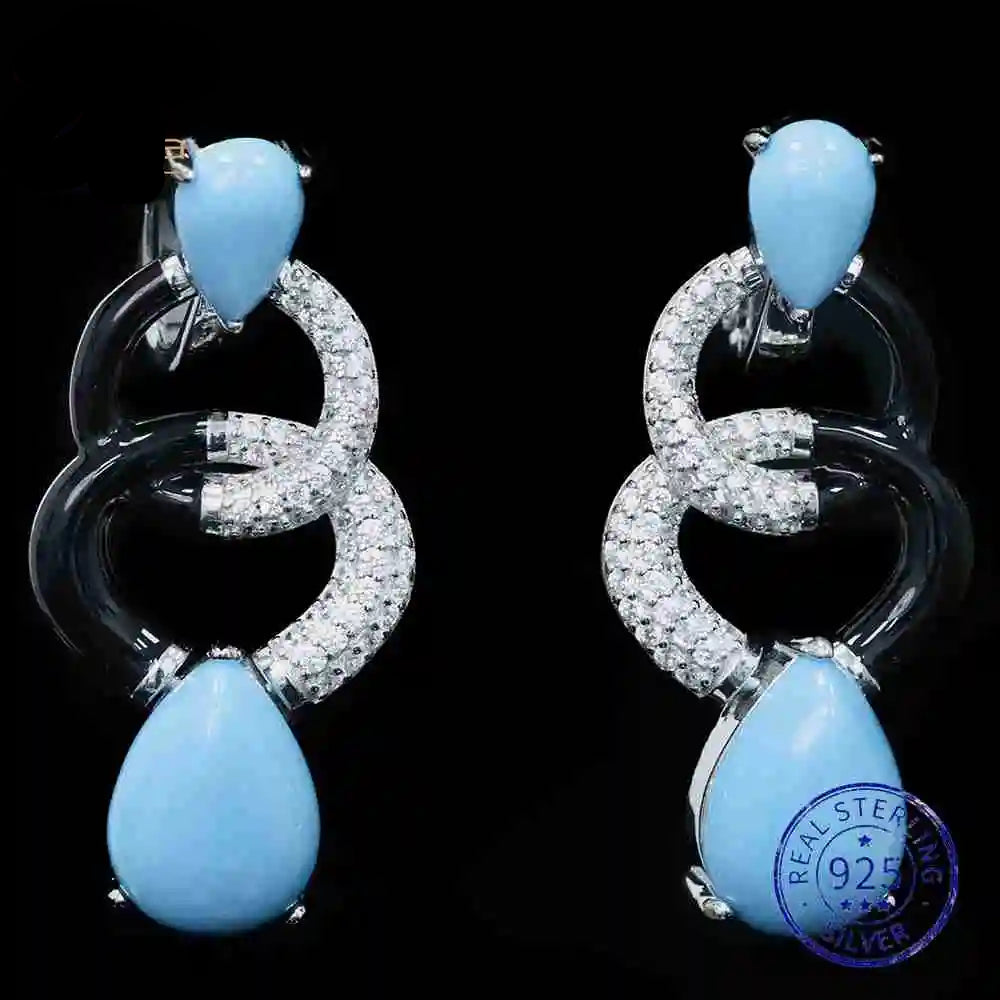 Vintage Blue Turquoise Drop Earrings – 925 Sterling Silver Geometric Dangle Design Fine Jewelry for Women