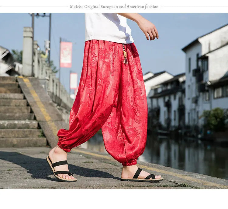Men’s Ice Silk Wide-Leg Pants - Dragon Design with Drawstring Waist Breathable Modest Trousers