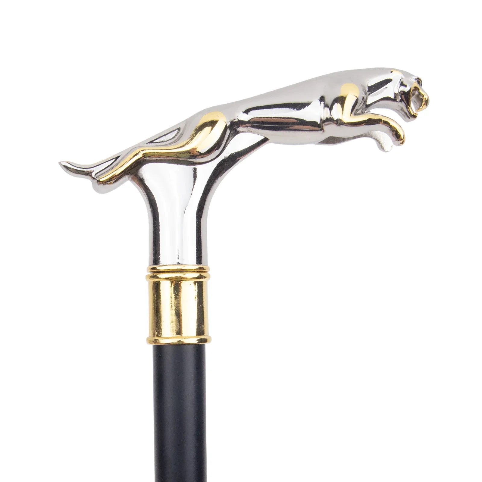 Decorative walking cane with silver and gold panther handle on a white background