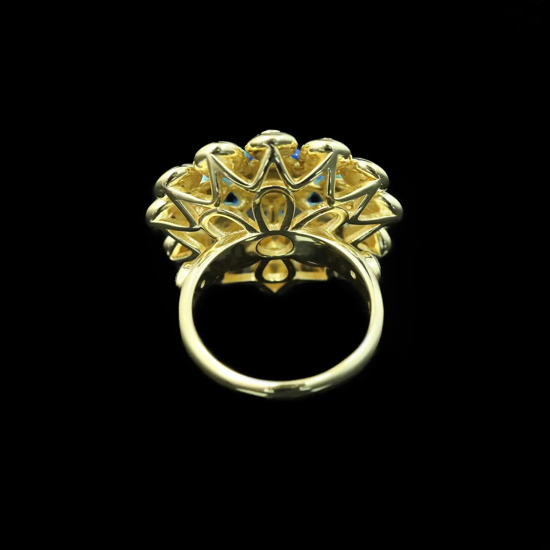 Vintage 925 Silver Ring with Blue Turquoise & Lapis Lazuli – Gold-Plated Foil Beads Luxury Jewelry for Women