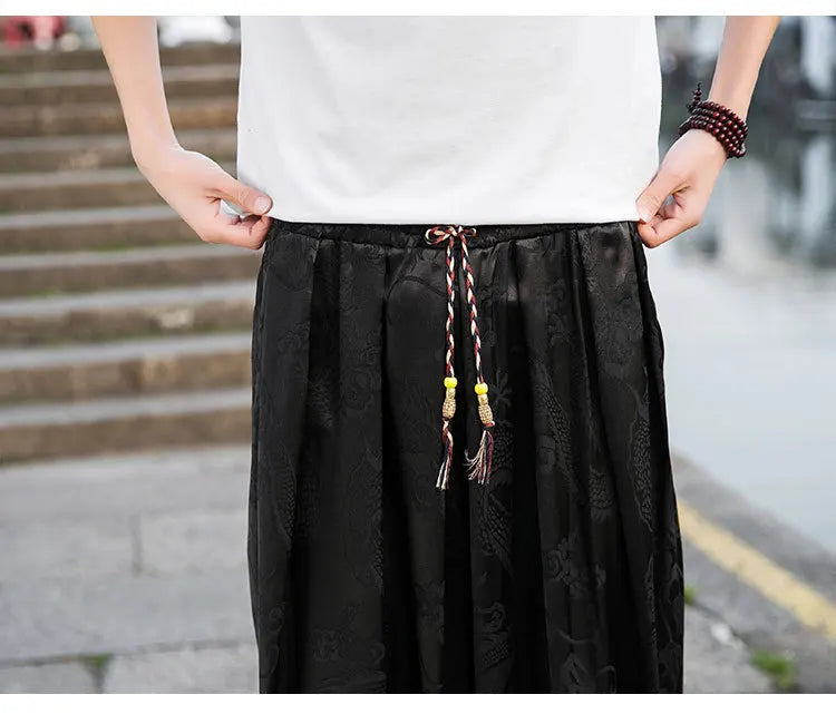 Men’s Ice Silk Wide-Leg Pants - Dragon Design with Drawstring Waist Breathable Modest Trousers