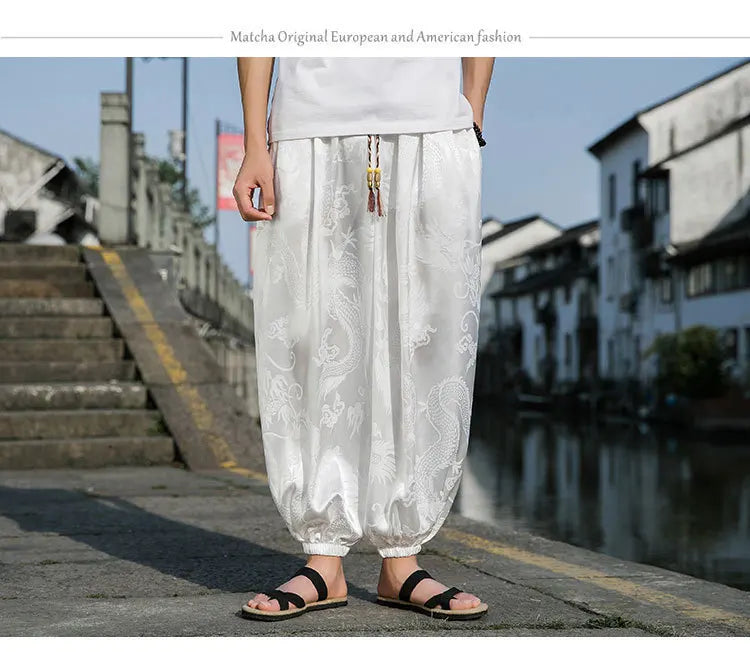 Men’s Ice Silk Wide-Leg Pants - Dragon Design with Drawstring Waist Breathable Modest Trousers