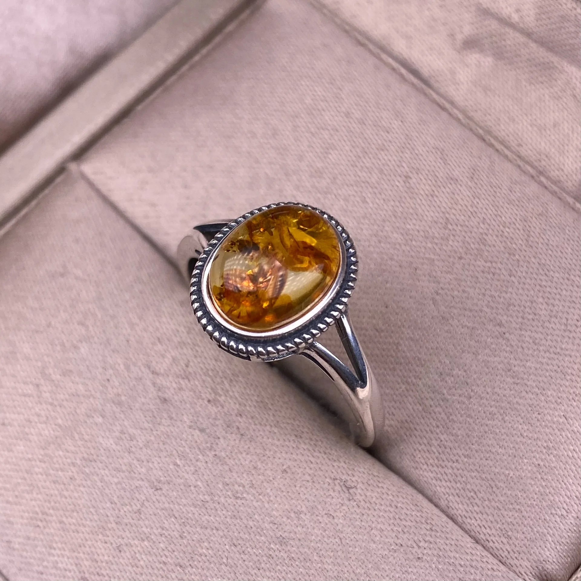 Handcrafted 925 Silver Amber Ring – Organic Fossil Gemstone Design