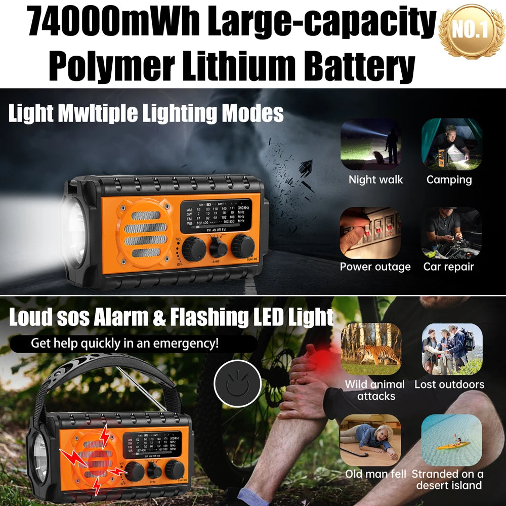 Emergency Weather Radio – 20000mAh Solar Power Bank with AM/FM/NOAA, SOS Alarm & Flashlight