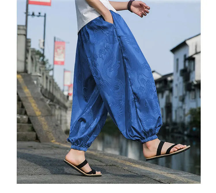 Men’s Ice Silk Wide-Leg Pants - Dragon Design with Drawstring Waist Breathable Modest Trousers